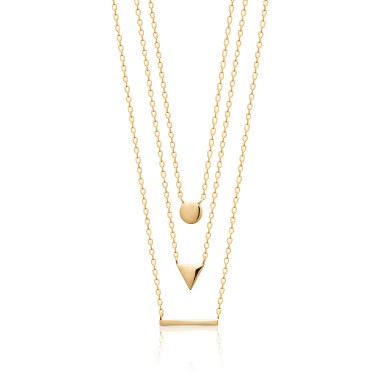 Collier 3 rangs Barre Rond Triangle Plaqué-Or 40cm