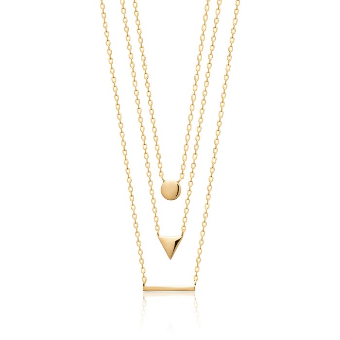 Collier 3 rangs Barre Rond Triangle Plaqué-Or 40cm