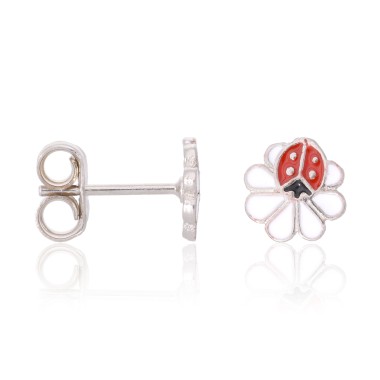 Boucles d'oreilles Coccinelle Laque Noir Rouge Fleur Argent